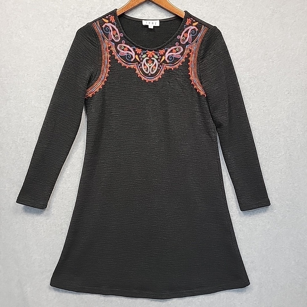 THML Anthropologie Dress Sz S Black Colorful Embroidery Flowers Mini Boho LS EUC